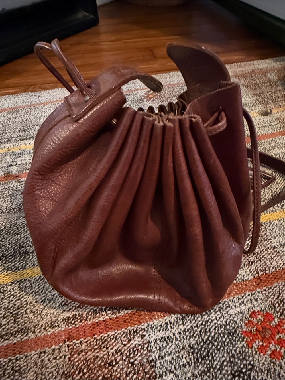 Women's Brown Leather Drawstring Shoulder Bag